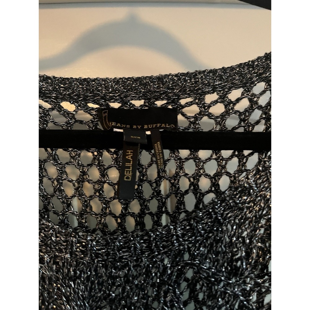 Jans Buffalo Delilah M Black Metallic Open Knit Mesh Sweater Sheer Long Sleeve - Picture 4 of 6